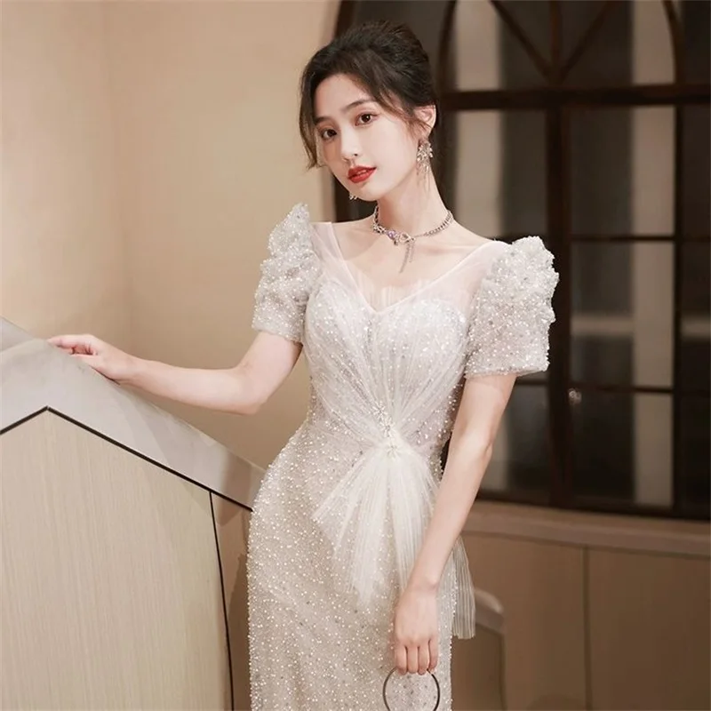 Glitter Mermaid Wedding Dress Shiny Sequins Beaded V Neck Short Sleeves Bridal Gown Boho Beach Garden Robe De Mariée Vestido