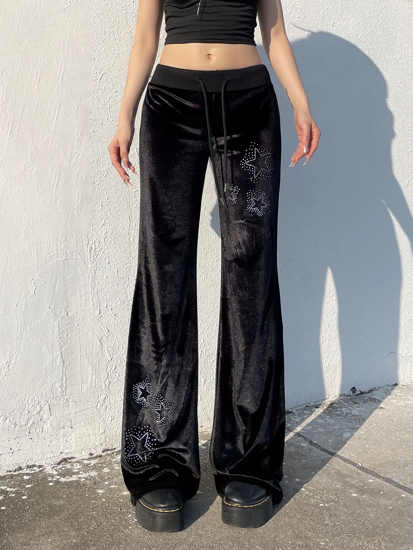 

Sweetown Chic Start Prints Women’s Velvet Drawstring Long Pants Autumn Winter New Simple Basic All-Match Trousers