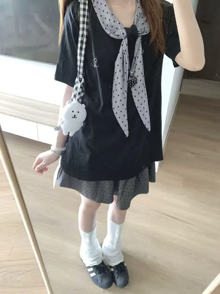 Y2K Sweet Preppy Polka Dot 2 Piece Set Women Petite Short Sleeve T Shirt High Waist Ruffle Skirt Casual Daily Commute Outfit
