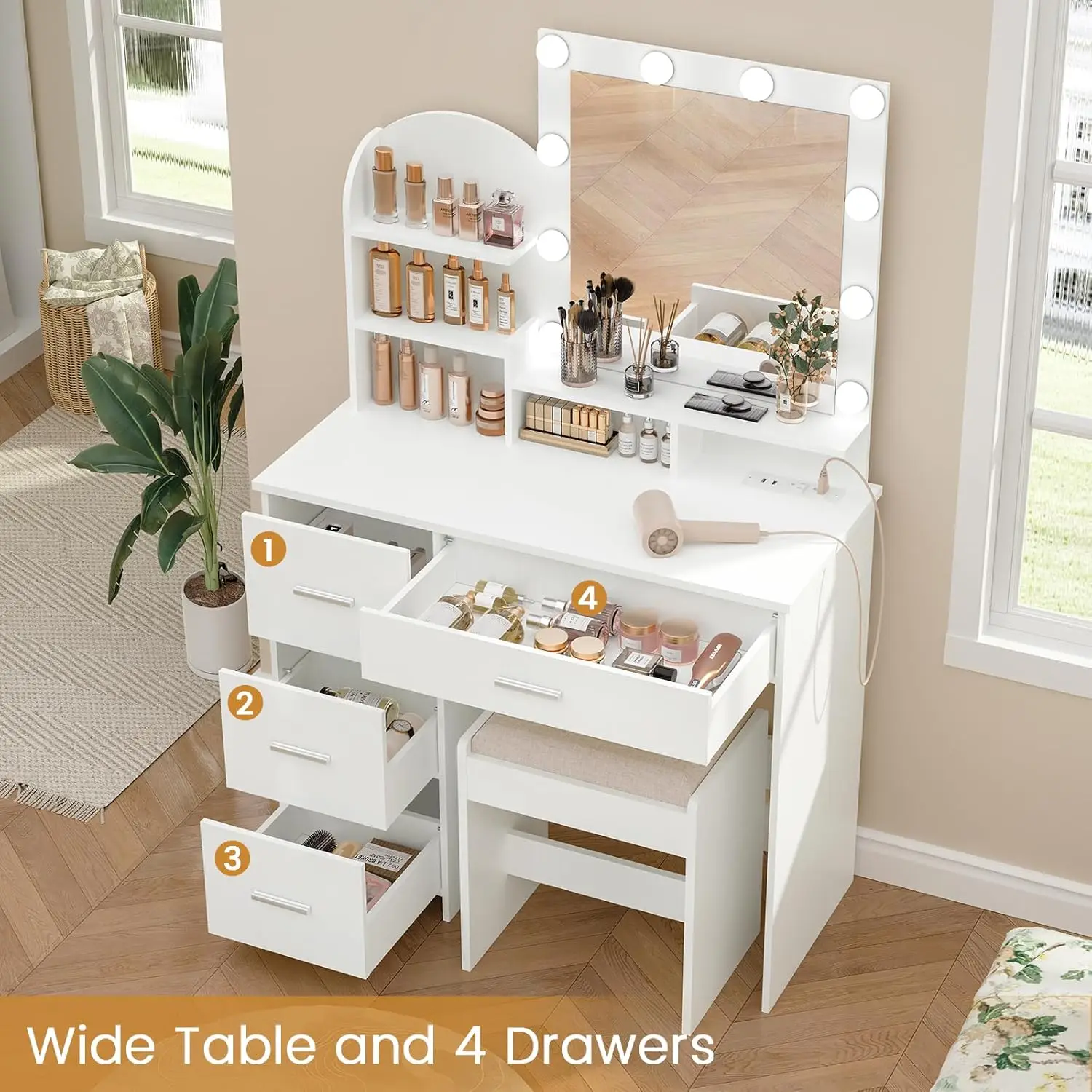 Makeup with 10 Light Bulbs and Charging Station, Vanity Desk with Lighted Mirror & 4 Drawers Chest, Vanity Set,