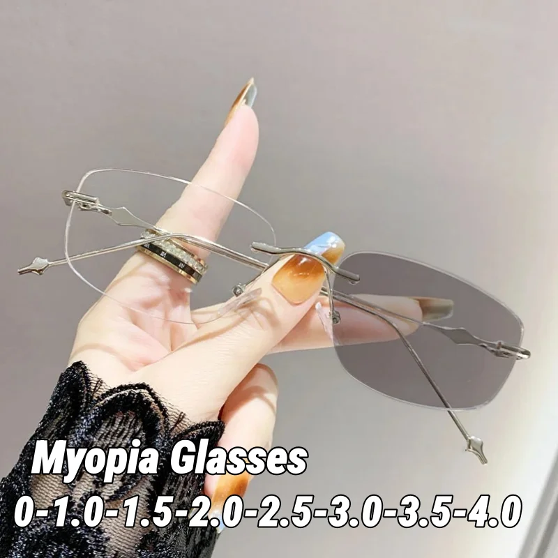 

Women's INS Style Photochromic Myopia Glasses Rimless Beveled Star-Shaped Temple Decorations Anti Blue Light Glasses 0 To -4.0