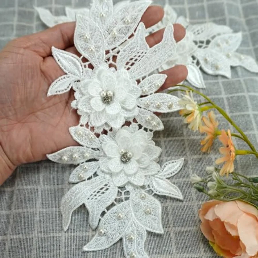 2 Pieces 3D Lace Beads Flower Embroidered Patches Pair of Sequin Lace Sewing On Appliques for Wedding Dress Collar Decor DIY Cr view 5