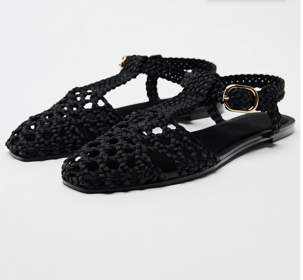 2025 Summer Women Sandals Cut Out Weave Knit Crochet Flats T-tied Flat Heel Boat Shoes Oxfords Casual Beach Shoes Streetwear