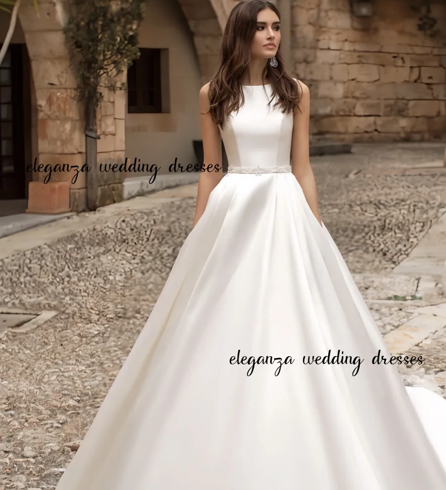 Customzie Elegant Wedding dress Satin Spoon-neck Sleeveless A-line dress for Women vestidos de novia 2025
