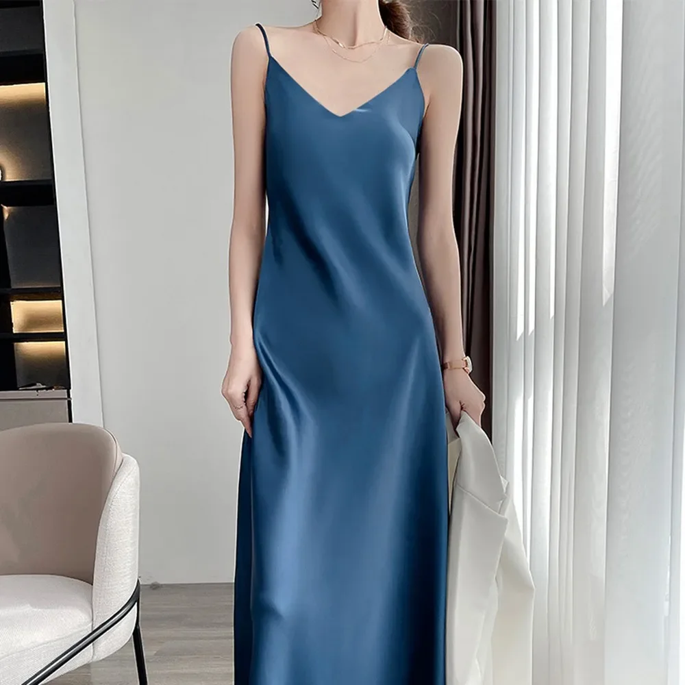 Women's Sexy V Neck Satin Faux Silk Long Dresses Evening Club Cocktail