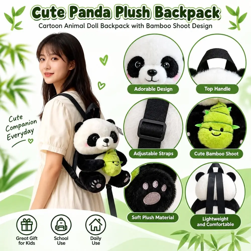 New Soft Panda Backpack with Bamboo Shoot Adjustable Cartoon Animal Backpack Cartoon Cute Backpack for Girls