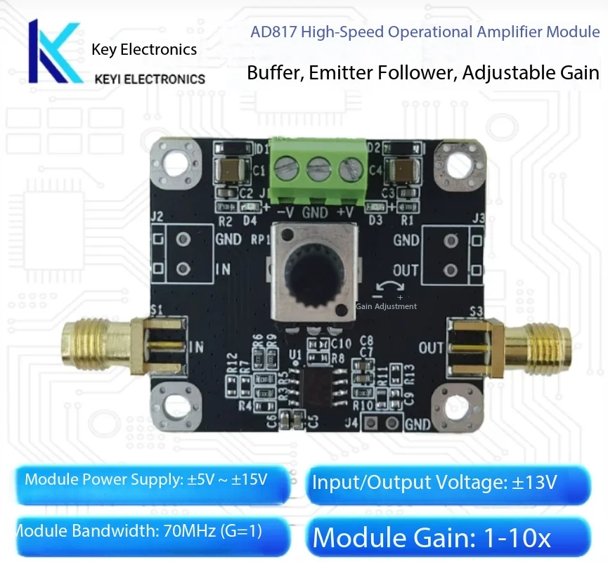 AD817 Adjustable Amplifier Module - High Speed Voltage Buffer, In-Phase / Emitter Follower, Multi-Channel