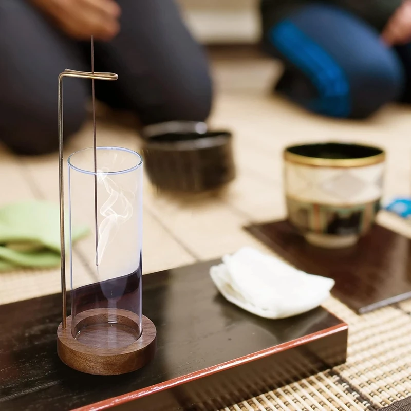 ●Incense Holder, Insence-Stick Holder,Flying Incense Burner with Glass,Non-Slip Wooden Tray and Brass Incense Stick Stand