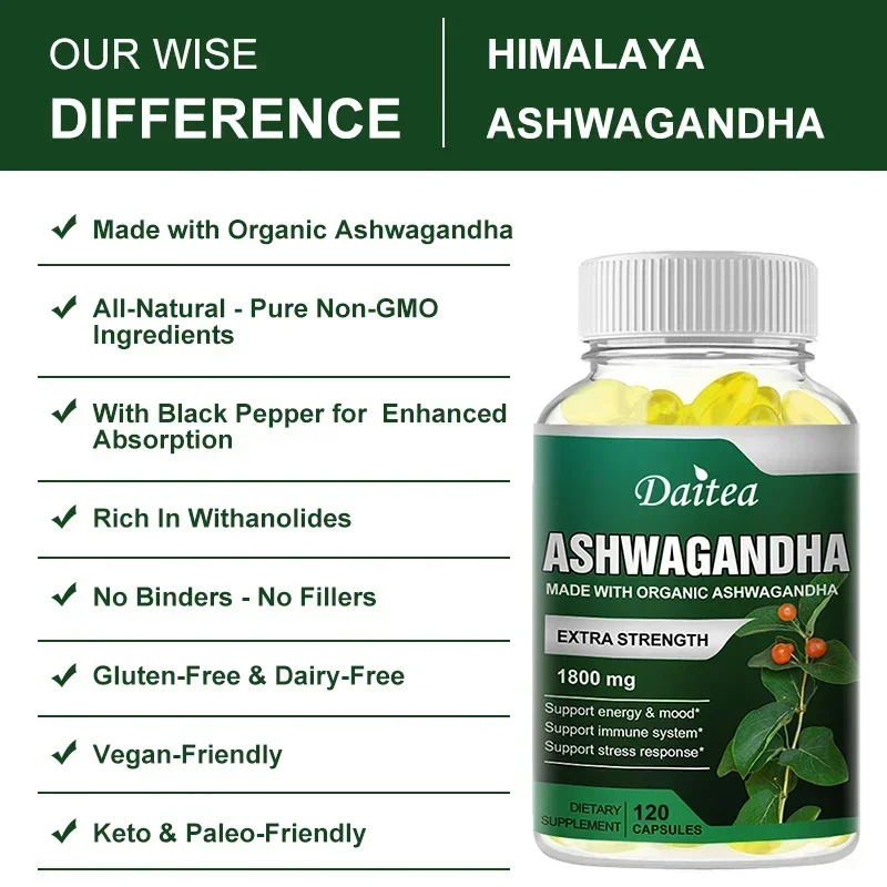 Ashwagandha Supplement, Natural Mood, Stress Relief, Immunity, High Strength Ashwagandha Root Extract, Vegetarian Capsules