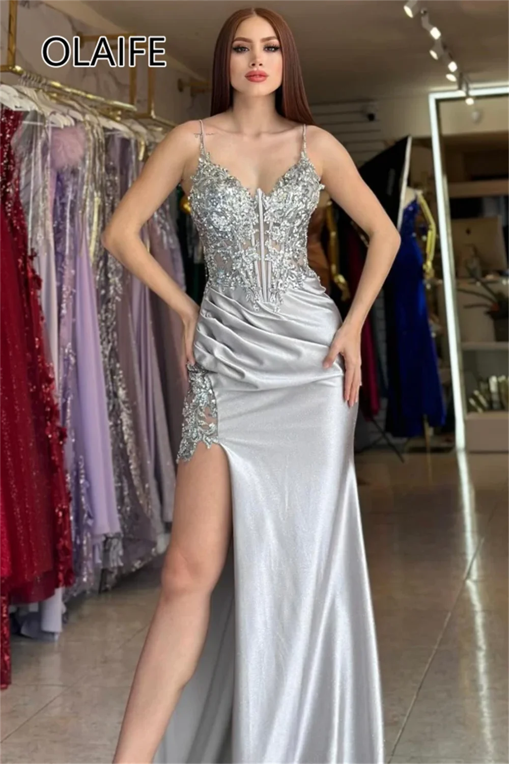 Customzied Marvelous V neck Satin Pleated Backless Mermaid Prom Dress with Sequins Appliques Lace Side Split Train Cocktail Gown
