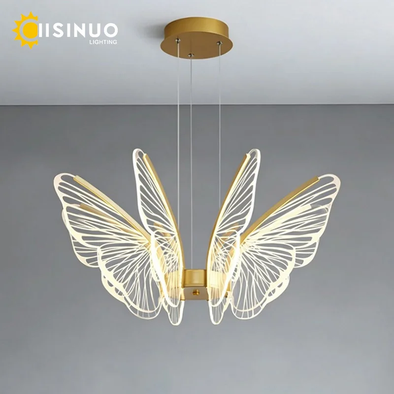 Modern Butterfly LED Chandelier Gold Acrylic Art Pendant Light Adjustable Hanging Lamp for Living Room Dining Room Villa Lobby H