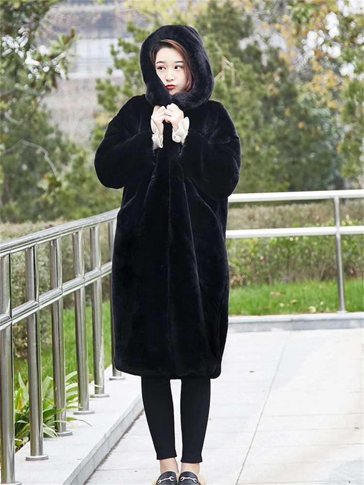 Hooded Long Faux Fur Coats Imitate Mink Winter Furry Jacket Thicken Warm Loose Chaquetas High Quality Korean Fashion Outerwear