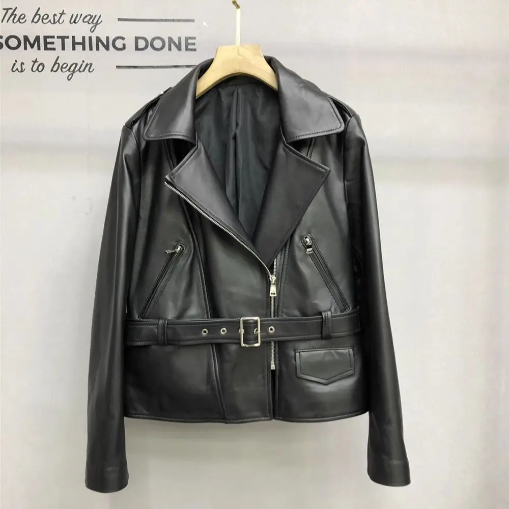 Veste de moto ceinturée à revers en peau de mouton pour femme, manteau en cuir véritable, court, automne, nouveau, 2023, Y4383