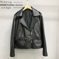 2023 Autumn New Genuine Leather Coat for Women Short Sheepskin Lapel Belted Motorcycle Leather Jacket Y4383