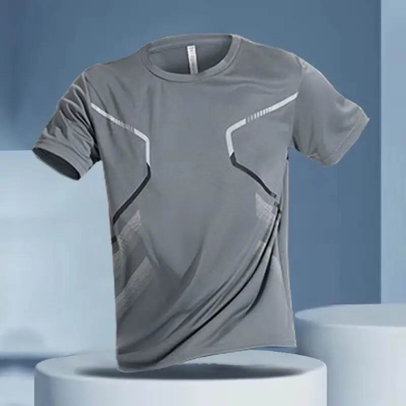 Summer ice silk mesh men's short sleeved T-shirt quick drying thin top with hollowed out ice feeling and breathable half sleeve