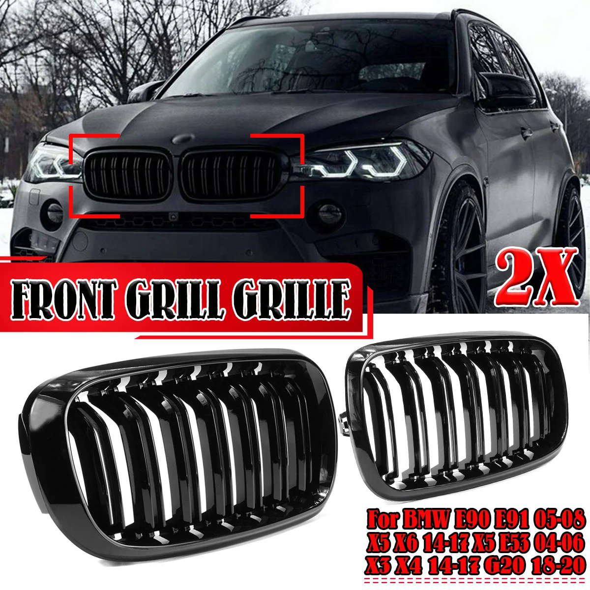 

2Pcs Gloss Black Car 2 Slat Line Kidney Grille For BMW F15 F16 X5 X6 2014 2015 2016 2017 Car Styling Front Bumper Racing Grille