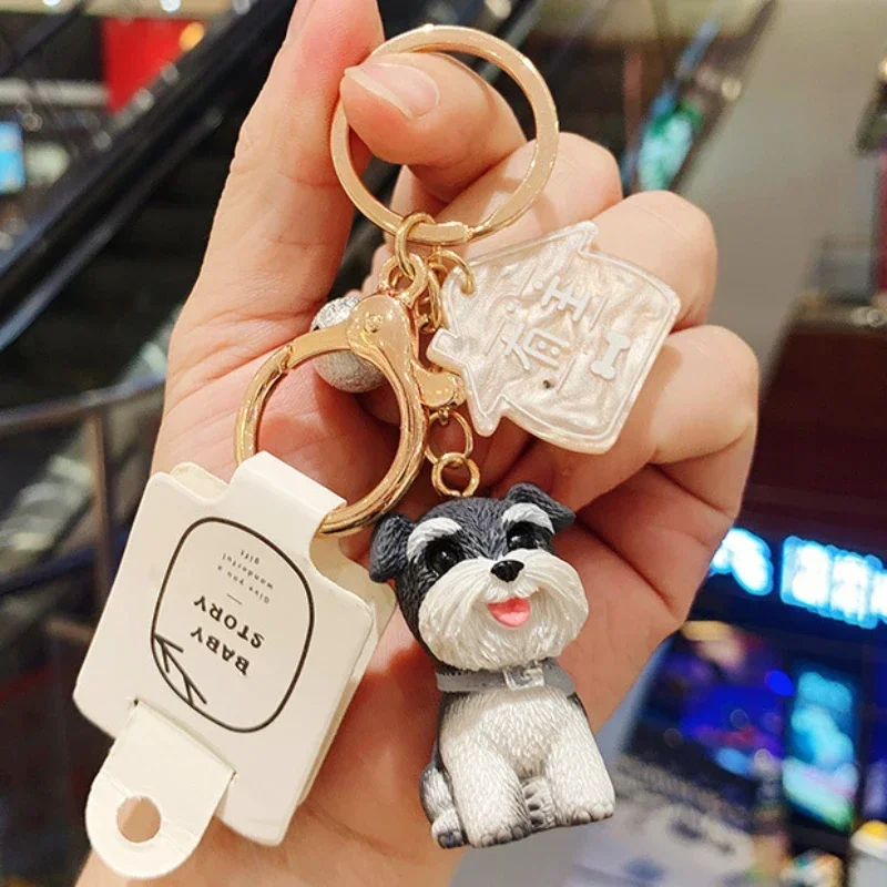 Resin Handicraft Animal Dog Keychains Schnauzer Key Chains Backpack Pendant Shaking Head Car Decoration Keyring