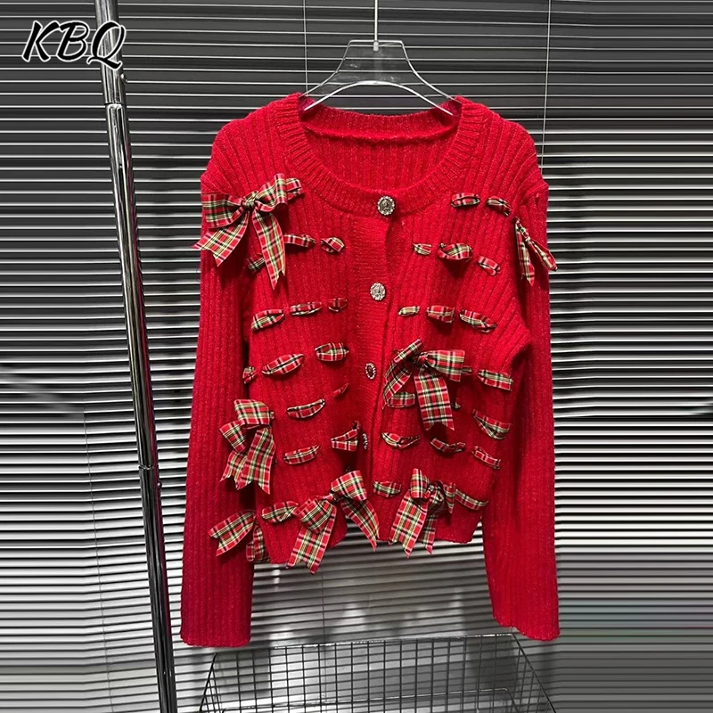 

KBQ Solid Spliced Bowknot Loose Sweater for Women Round Neck Long Sleeve Temperament Patchwork Button Sweater Female Fashion New