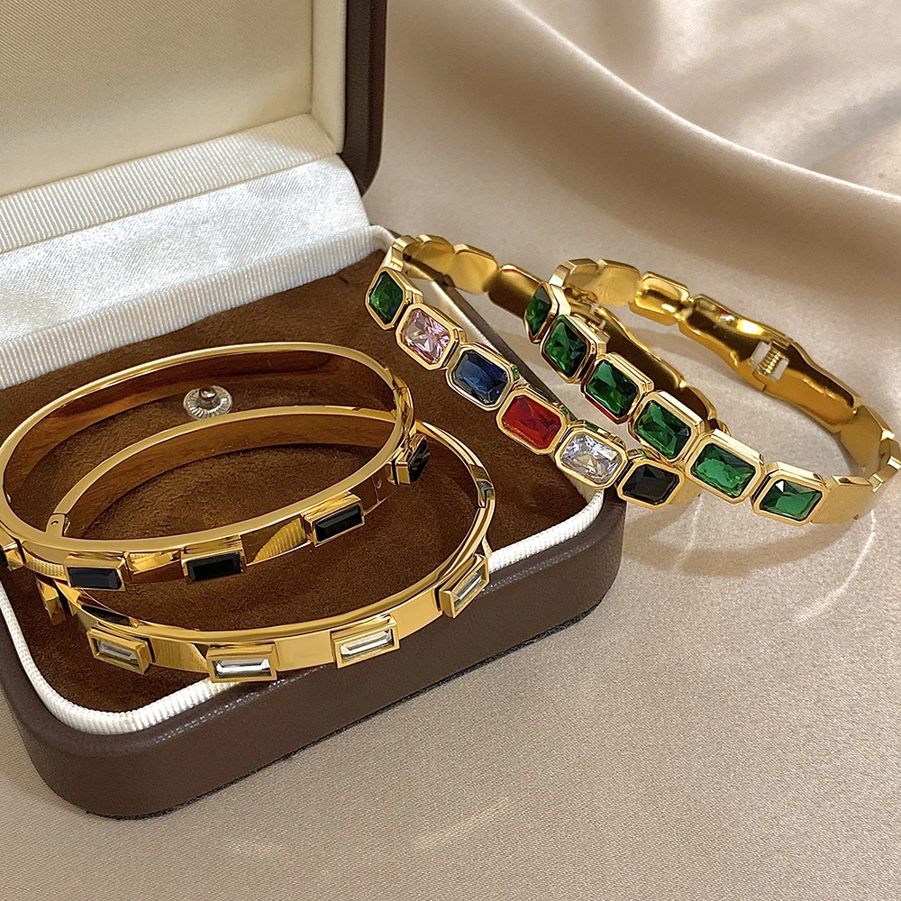 Luxury Colorful CZ Cuff Bangle Jewelry Gold Plated Stainless Steel Rectangle Crystal Waterproof Bracelets For Women Party Gift