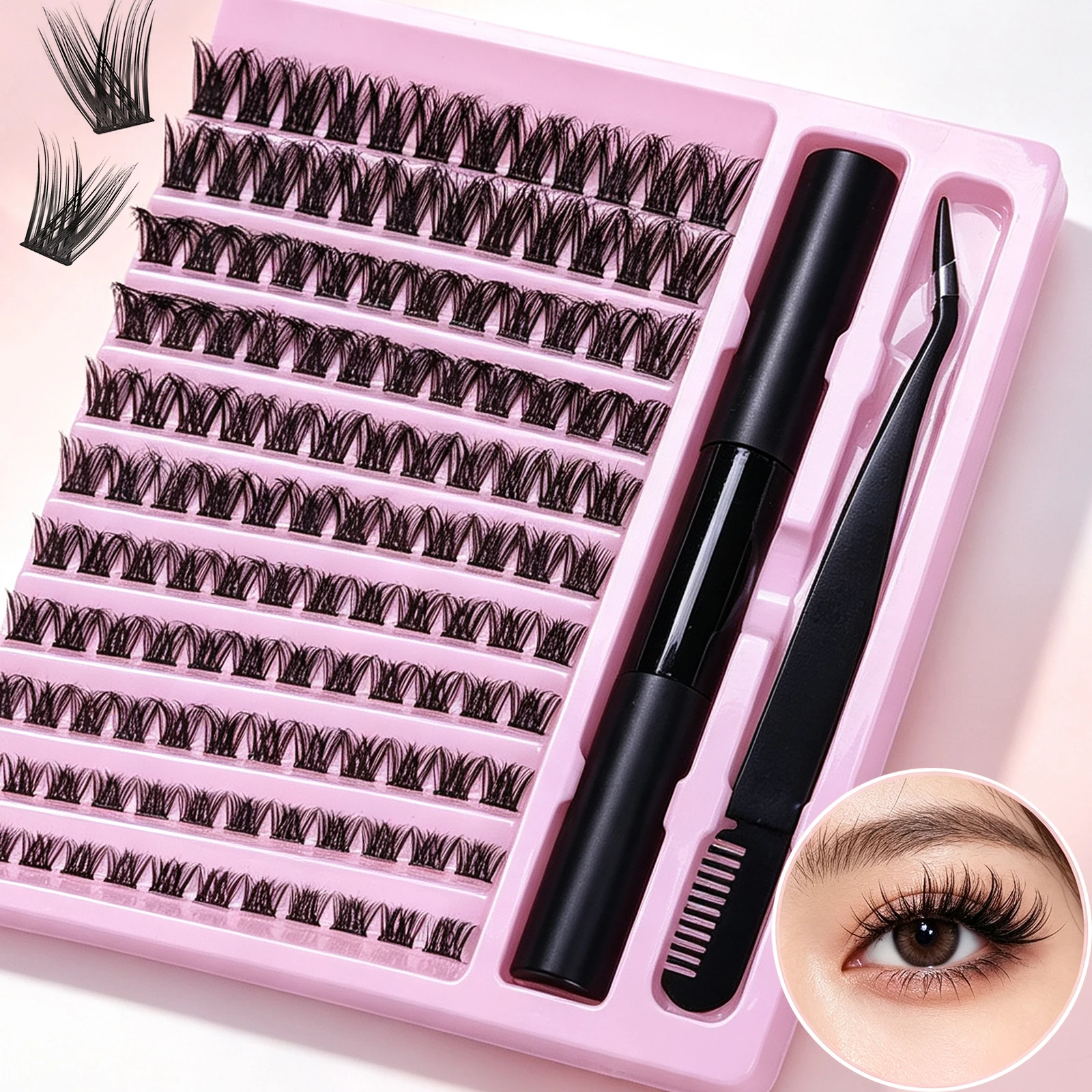 10 Rows D Curl Cluster Lash Kit With 2‑in‑1 Bond Seal Glue & Tweezers DIY Extensions Reusable Eye Makeup