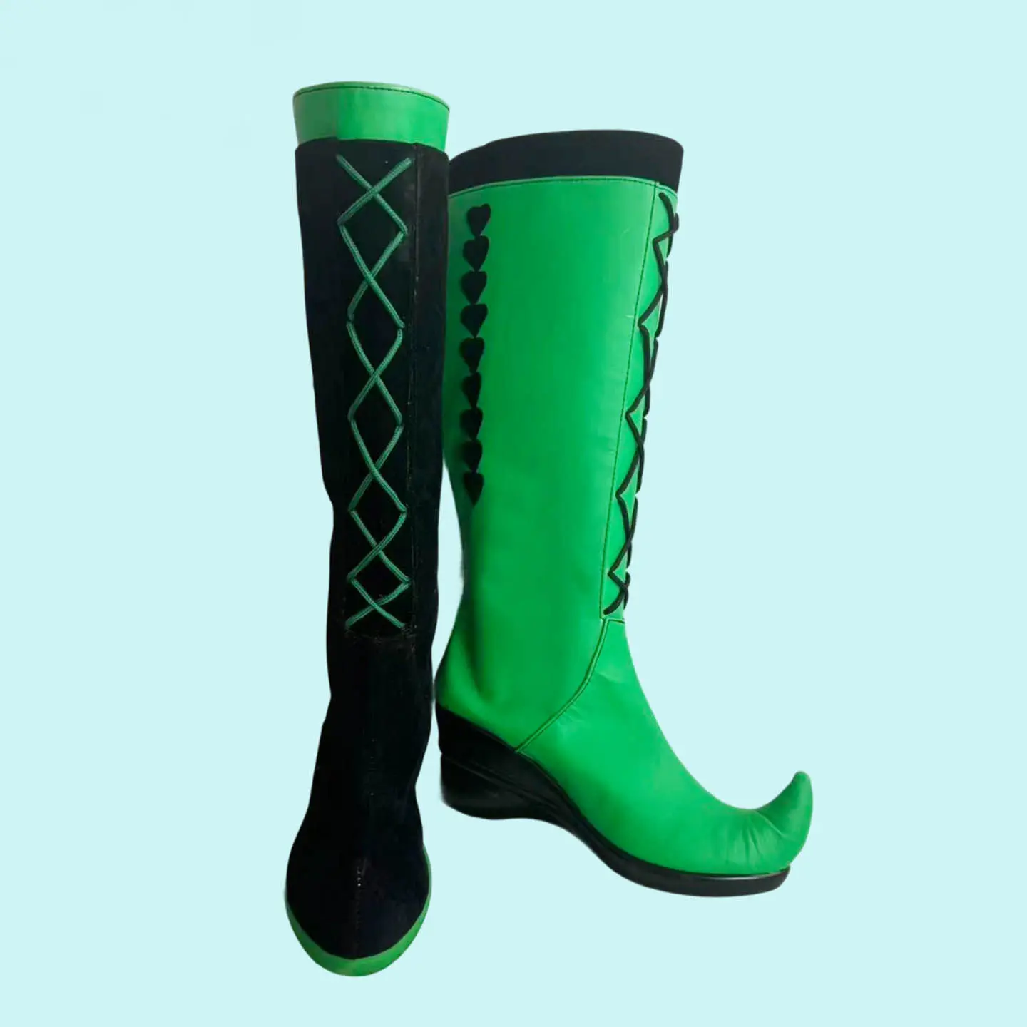 Jester Harlequin Cosplay Shoes Handmade Green Black Faux Leather Boots Halloween Carnival Boots Custom Made