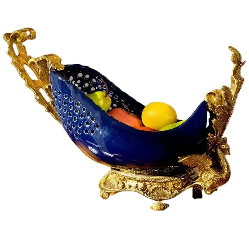 Royal Blue Ceramic Fruit Bowl Vintage Copper Accent Home Decor Elegant Table Centerpiece for Living Room Dining Area Ornament