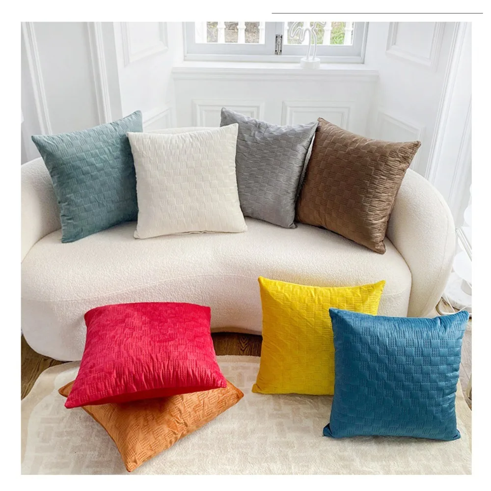 CIFBUY Mall Nordic Punching Process Checkered Velvet Cushion Cover 45x45cm Solid Color Decorative Throw Pillow Case for Sofa view 5
