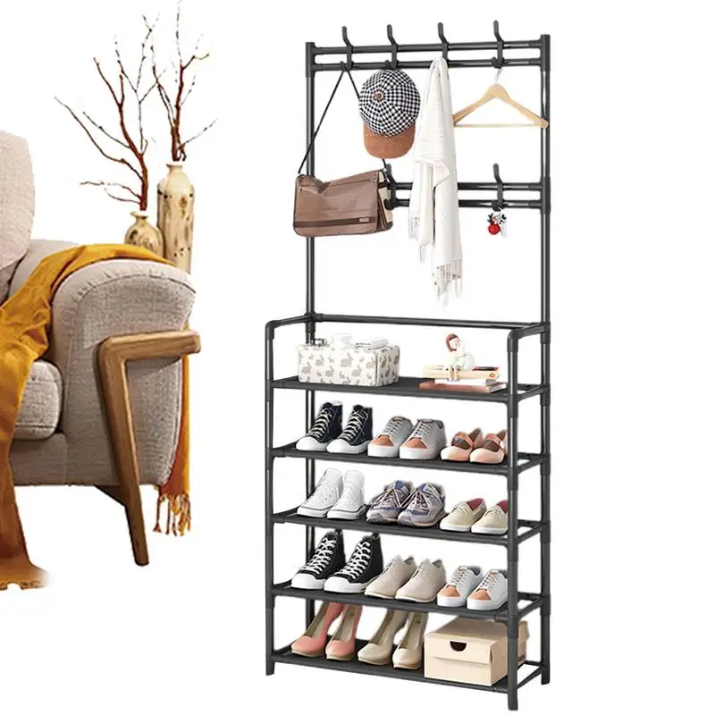 Clothing Garment Rack With Shelves With Hooks Cloth Shoe Rack Organizer Entryway Cloth Hanger Rack Stand Household Storage Rack