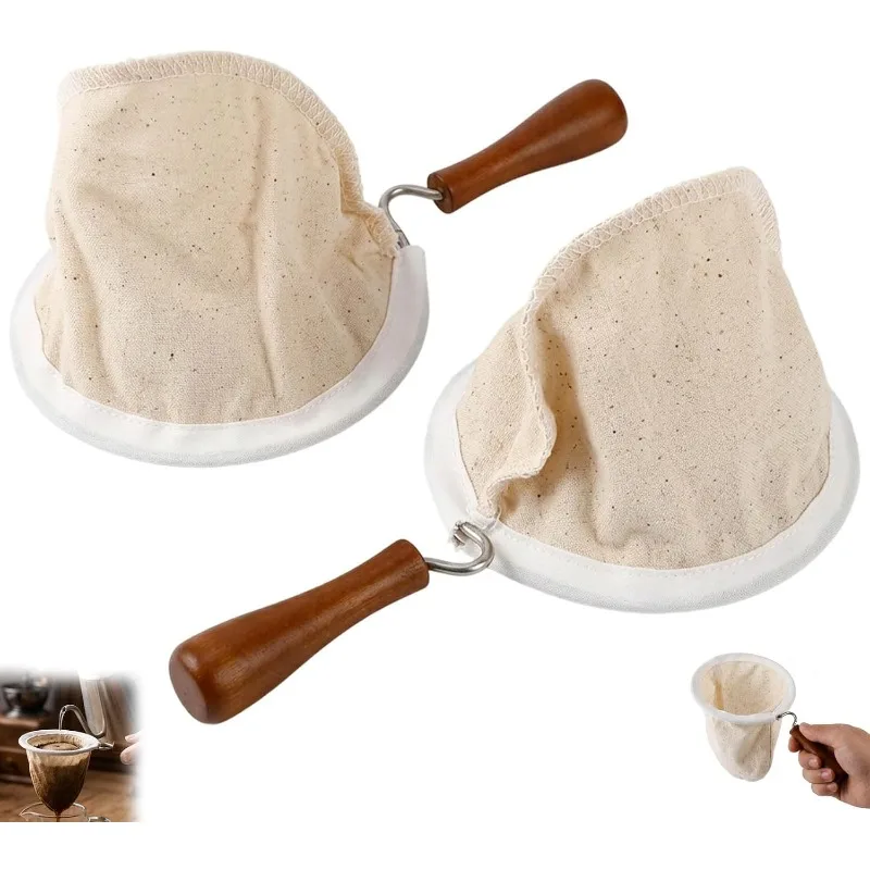 Coffee Sock Filter, Reusable Coffee Strainer Cloth ,Washable Cloth Coffee Filters with Wooden Handle for Handmade Coffee-Lovers