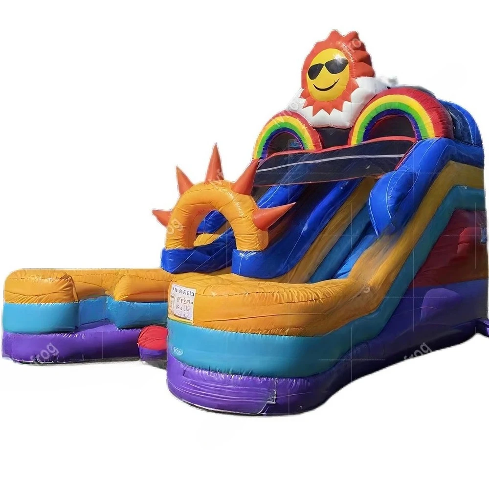 

Custom Commercial Sunshine Rainbow Dual Lane Waterslide Inflatable Waterslide With Pool For Sale