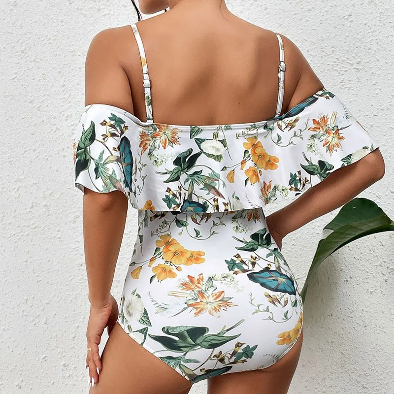 Fashion Printing Ruffles Sling Conjoined Body Swim Swimsuit New Short Sleeve Sand Casual Classic Off Shoulder Lady Swimwear