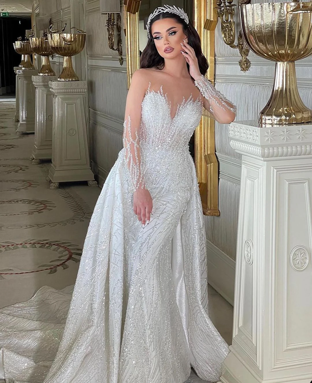 Classic Mermaid Women Wedding Dress Sequins O-Neck Bridal Gown Sweep Train Slim Fit Long Sleeves Dresses vestidos de novia