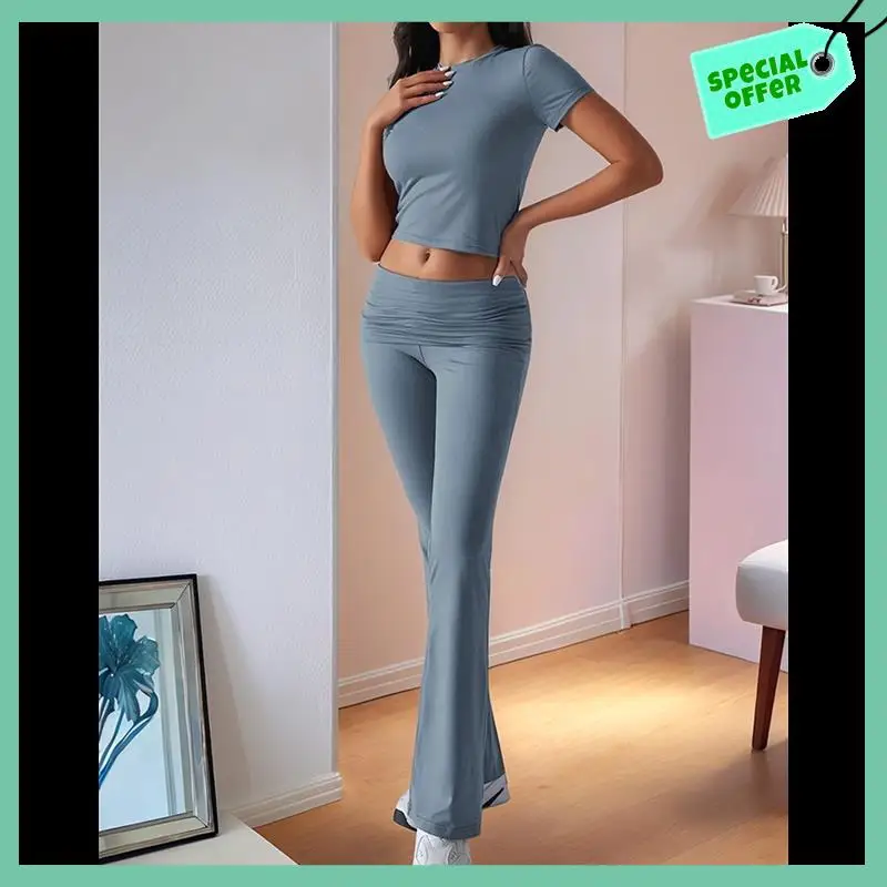 

Sturdy Women's 2 Piece Outfits Lounge Sets Ruched Short Sleeve Tops High Waisted Wide Leg Pants Tracksuit Sets