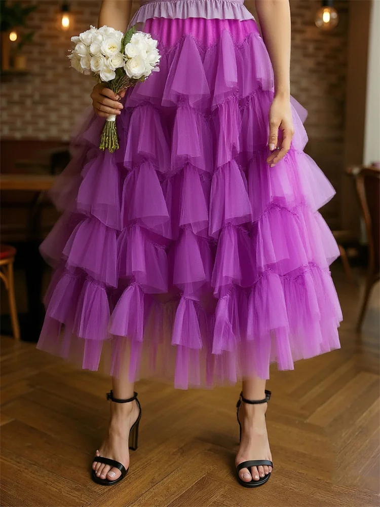 

Элегантное однотонное бальное платье-пачка из тюля, длинные юбки, женские весенние корейские однотонные трапециевидные юбки с высокой талией, сетчатая многоуровневая юбка макси, женская