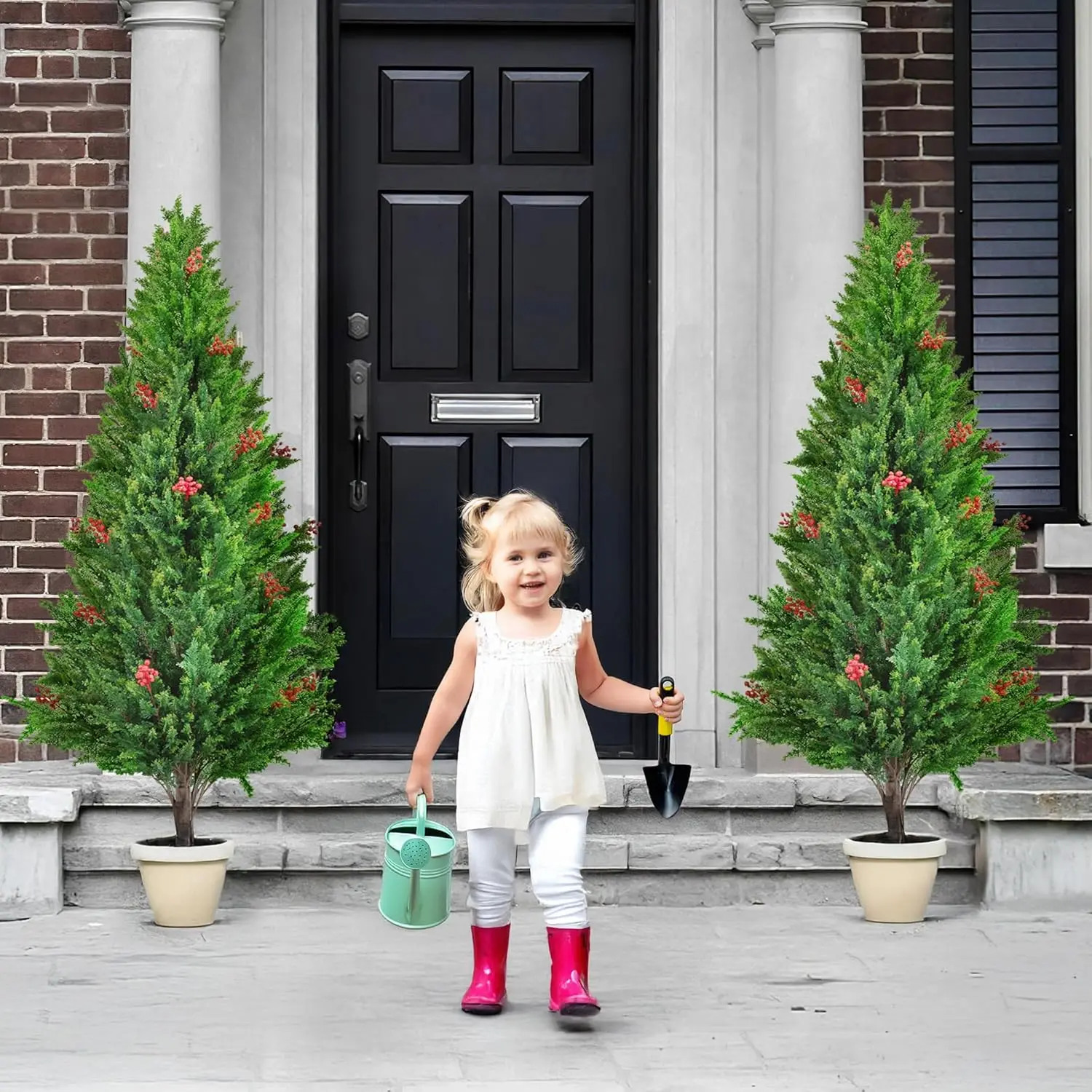 

5.3FT Topiary Trees Outdoor,63"Small Christmas Tree with Red Berries, Shrubs Evergreen Potted Plants for Front Door Decor (2pcs)