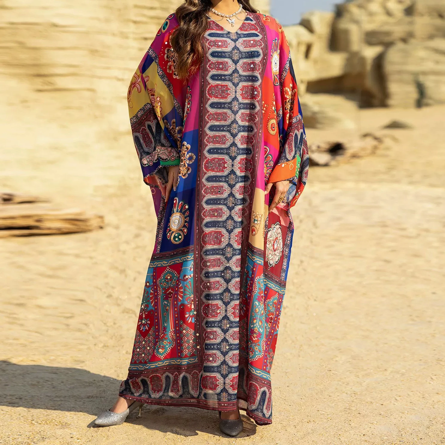 

Ethnic style V-neck bat sleeve cotton silk beach dress holiday dress summer printed colorful skirt-GZXX554