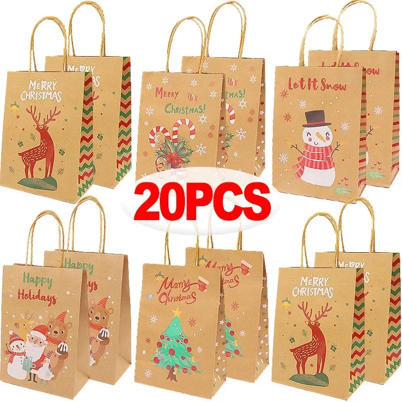 5/20x Świąteczne torby na prezenty Kraft z uchwytami Bałwanek Santa Tree Wzory Geometryczny wzór Papierowe torby na prezenty Impreza Dekoracja świąteczna