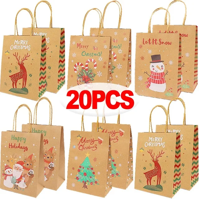 5/20x Świąteczne torby na prezenty Kraft z uchwytami Bałwanek Santa Tree Wzory Geometryczny wzór Papierowe torby na prezenty Impreza Dekoracja świąteczna