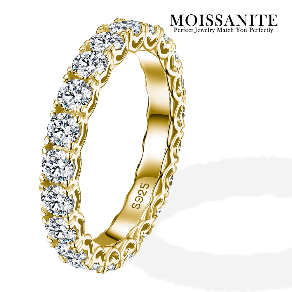 

2.1ctw 925 Sterling Silver Gold Plated Heart-Shaped Moissanite Ring Luxury Hollow-Out Eternal Band Hot Fashion Jewelry Accessory