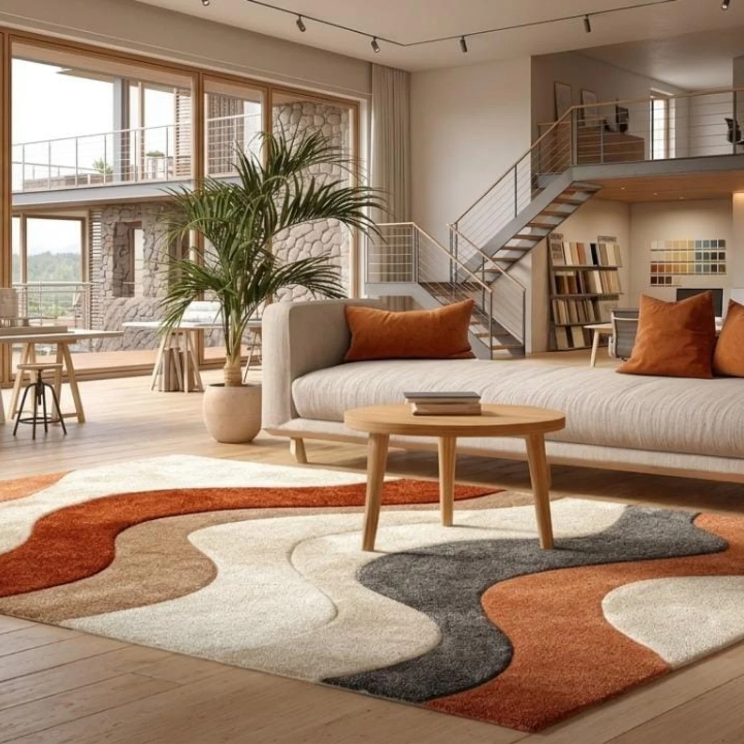 Room Decor Rug  Abstract Modern H1and Tufted Area Rug, Mid Century Modern Rug, Neutral Terracotta Rug, Scandinavian Living Room Rug, Wavy Pattern Carpet