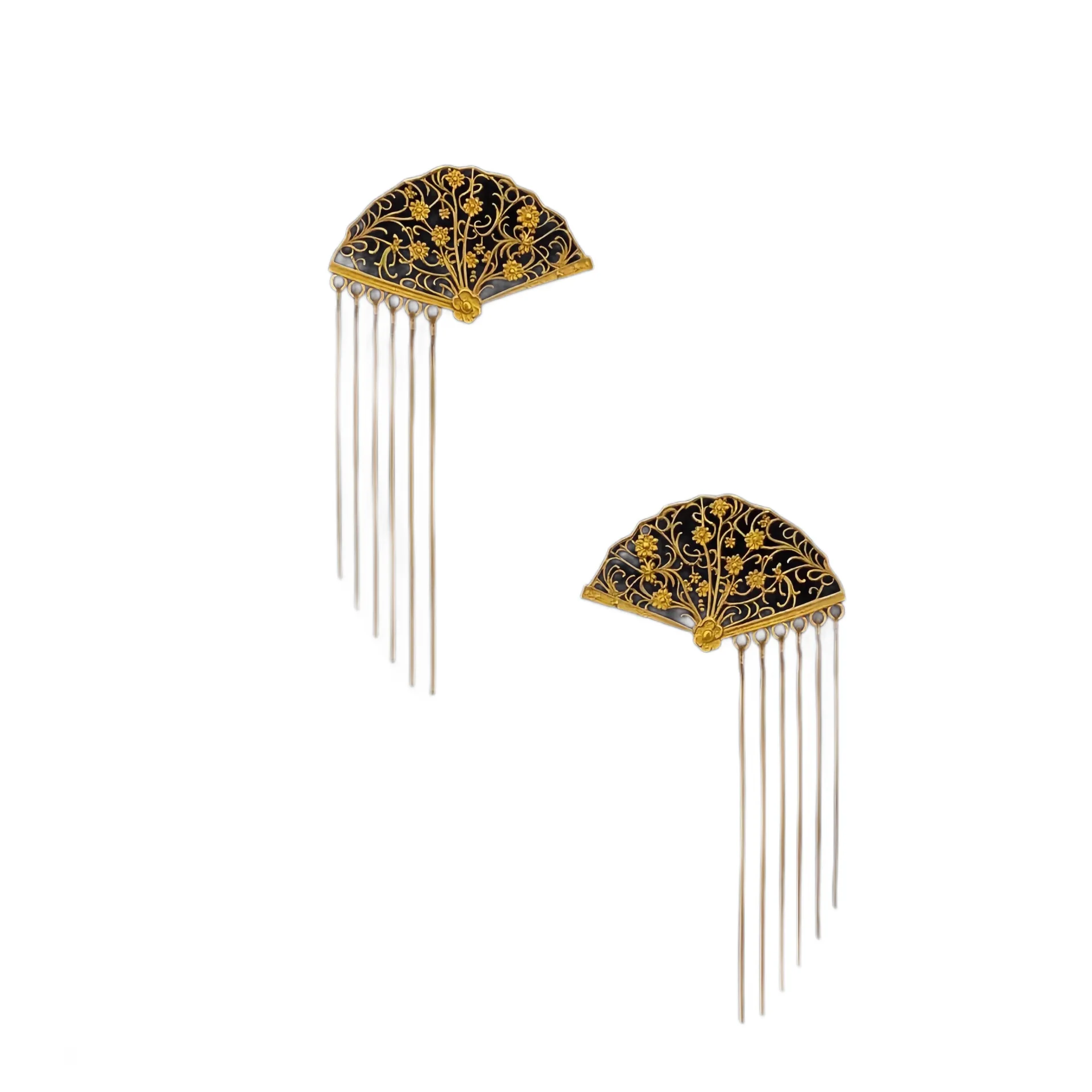 Neo-Chinese Style Black Gold Fan Shape Jewery Set Hand-drawn Bamboo Tassel Eardrop Dangle Bar Necklace Silver Artist Jewellery