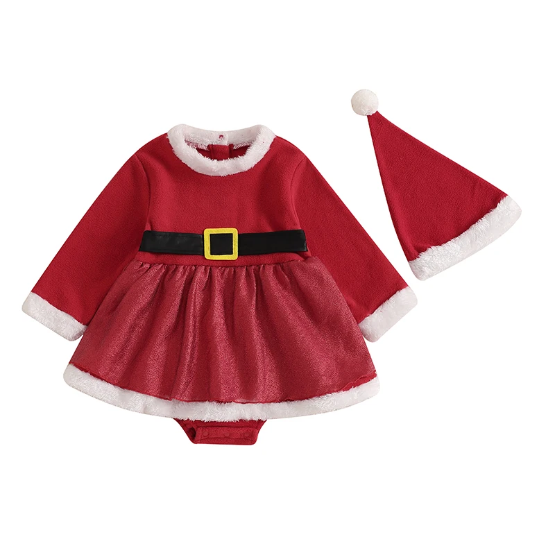 Baby Girl Christmas Romper Dress Fuzzy Long Sleeve Crew Neck Jumpsuit with Hat Santa Costume