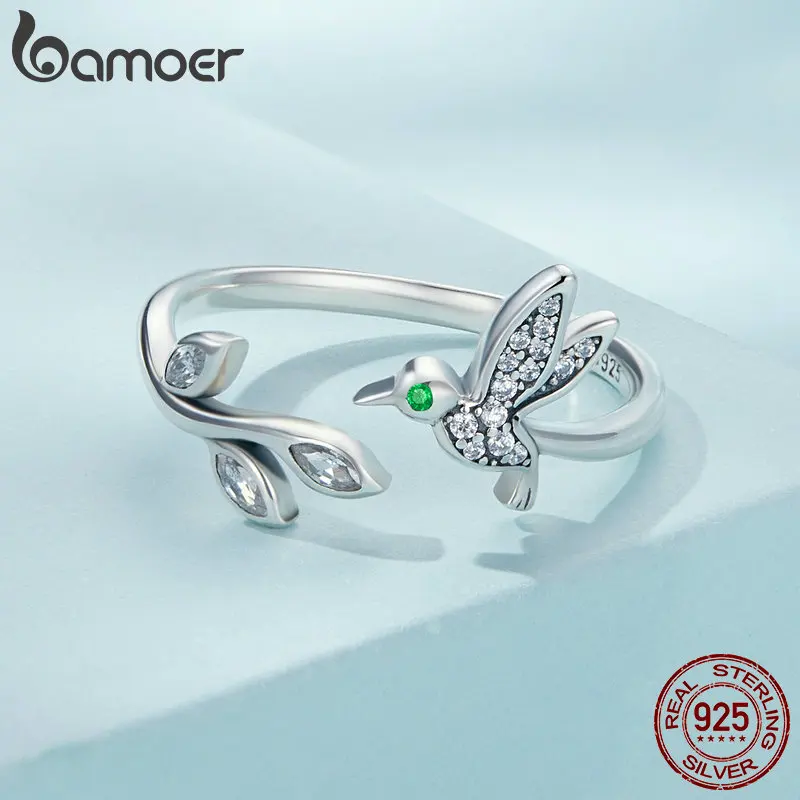 Bamoer 925 Sterling Silver Hummingbird Opening Ring for Women Pavé Shiny CZ Ring Eternity Band Fine Jewelry Birthday Gift SCR871