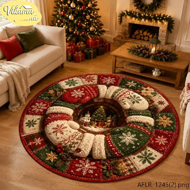 VIKAMA Christmas Round Rug Christmas Mittens Snowball Gold Bell Area Rug Living Room Holiday Home Decor Aesthetic Art Large Cute