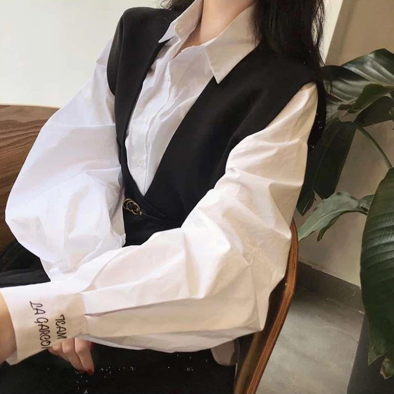 2 Piece Sets Women Spring Autumn Vintage Elegant Chic Lace Up Blazer Vest Korean Fashion White Long Sleeve Button Shirts Outfits