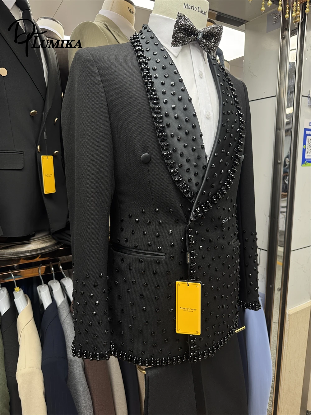 Dtlumika conjunto de terno de duas peças masculino de alta qualidade duplo breasted strass ternos do noivo formal baile de formatura roupa de festa jaqueta e calças