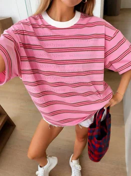 2026 Womens men plus size Short Sleeve stripe Print T-Shirt Girl Round Neck Tee Outdoor Sports plus-size women's clothing
