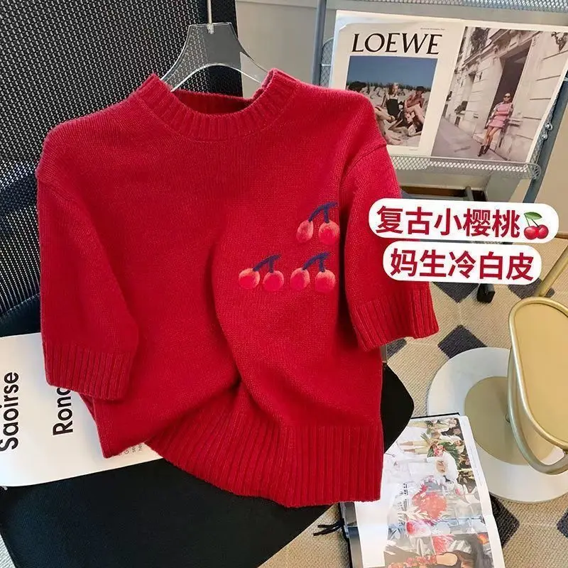 Graphic T Shirts Grunge Kawaii Clothes Sweet Sueter Mujer Cherry Short Sleeved Sweater Vintage Red Jumper Cropped Knit