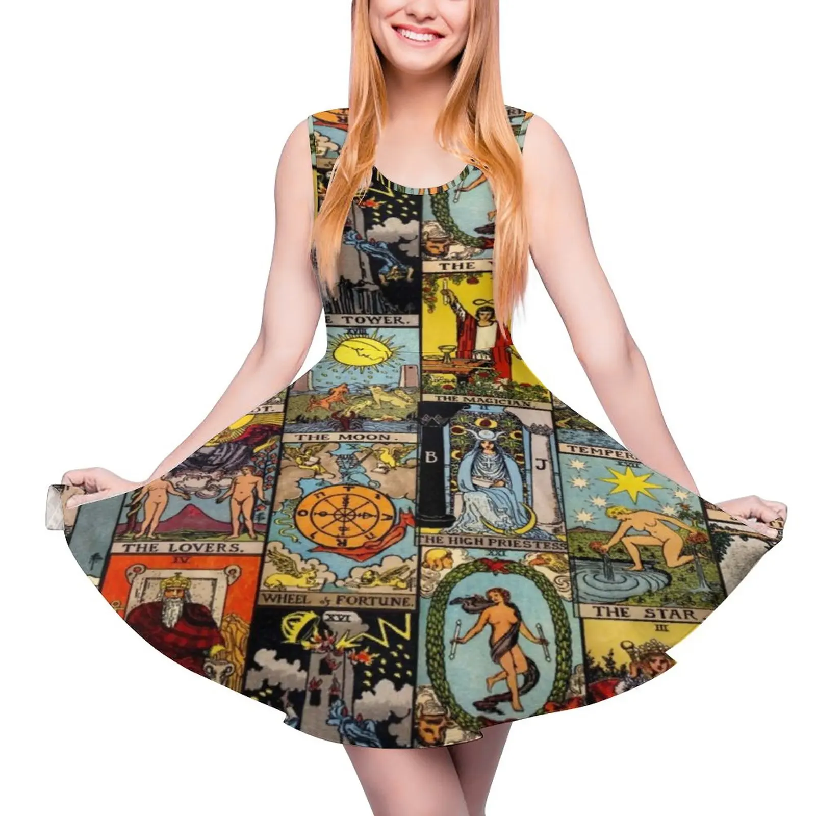 Vintage Baju Moon แขนกุด Tarot Art Collage Street สวมใส่ฤดูร้อน Ladies เซ็กซี่รูปแบบสเก็ตชุด