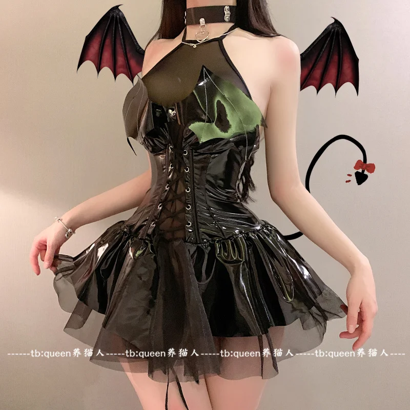 Punk Witch Girl Magic Transformation Dress Bat Demon Black Mesh Lace Up Leather Unifrom Lolita Devil Cosplay Halloween Costumes